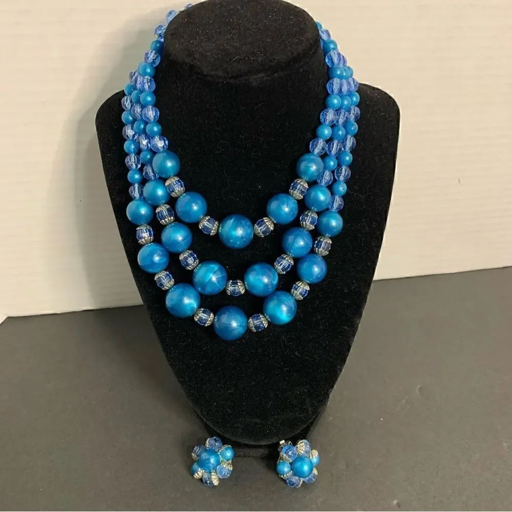 Vintage 3 Strand Beaded Choker Necklace & Matching Clip-on Earrings